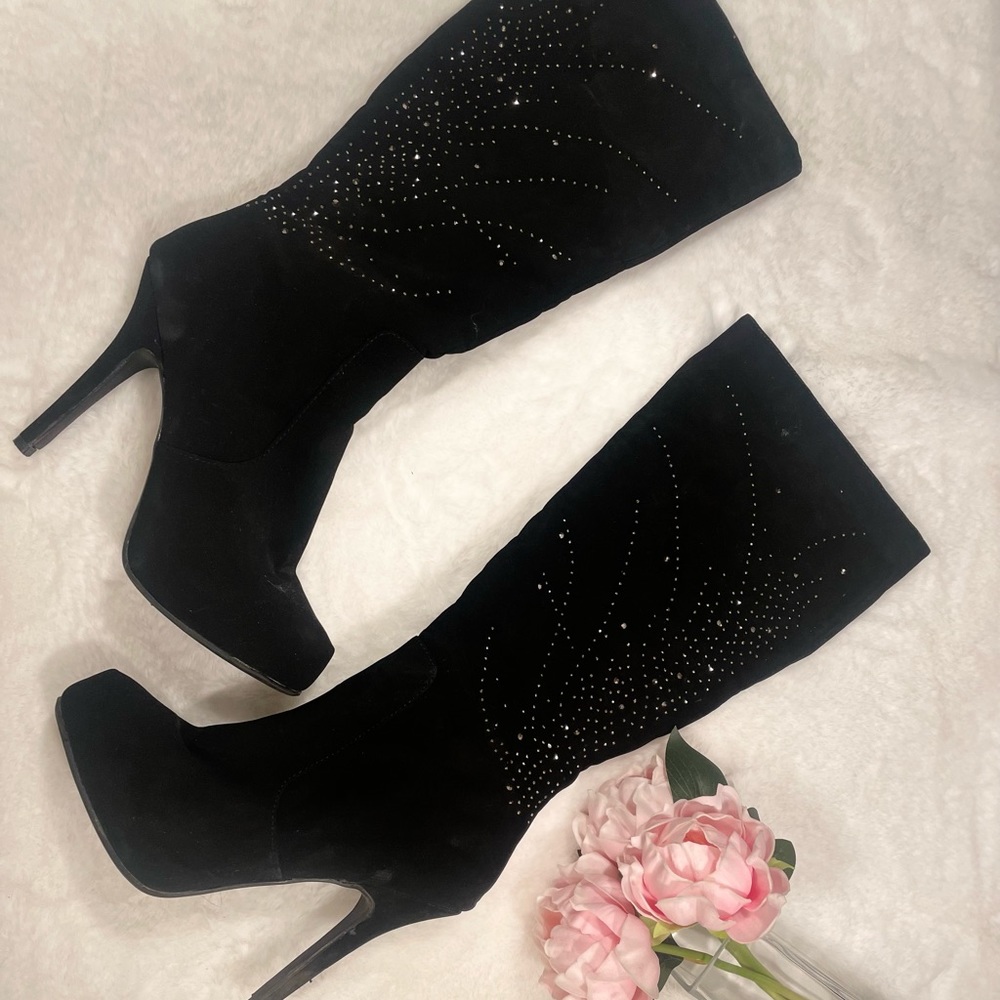 Black Rhinestone Heeled Boots 8 - Picture 2 of 4
